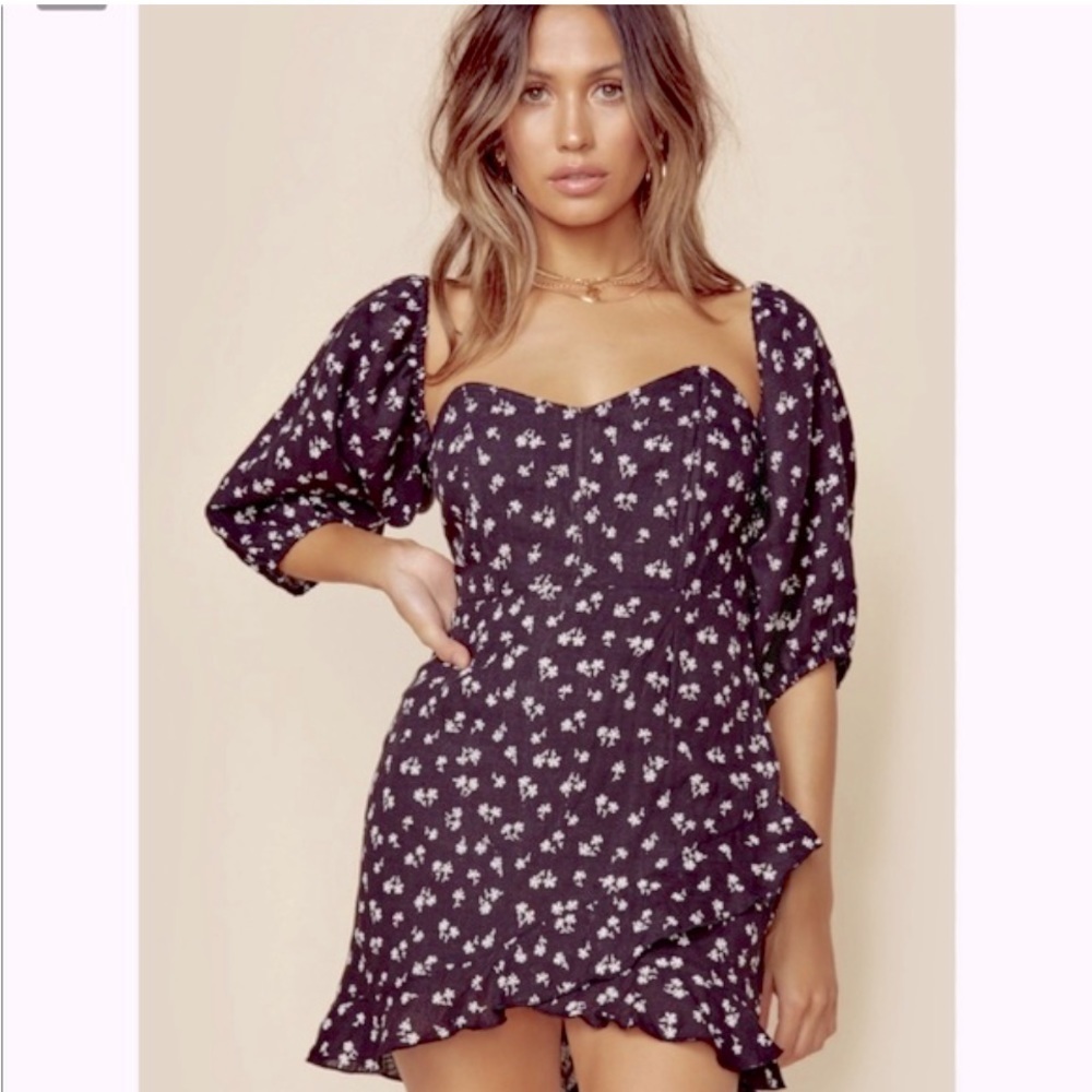 Winston White Black Floral‎ Corset Bodice Puff Off Shoulder Mini Linen Dress